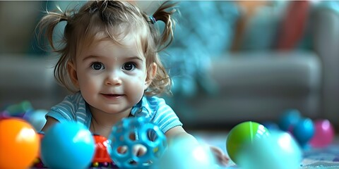 Child happily engrossed in play with toys on the floor. Concept Toddler playing with toys, Joyful childhood moments