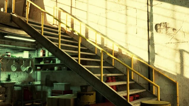 Stairs inside an old garage workshop leading up to a kitchen area.