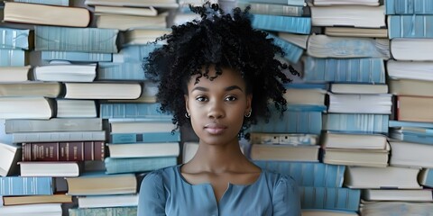 Passionate young Black woman surrounded by books symbolizing her love for literature and education. Concept Literature, Education, Books, Passion, Young Woman