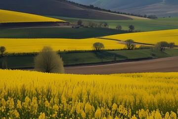 Rapeseed yellow fields in spring with blue sky and hills, natural eco seasonal floral background, panorama
