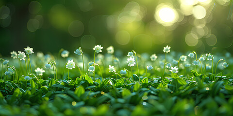 Obraz premium Summer spring nature background with wildflowers on the grass of a forest clearing with sunlight and bokeh effect. 