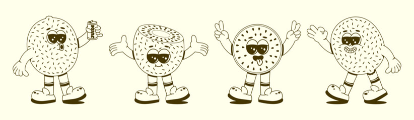 Groovy kiwi set. Funny vintage character in trendy retro linear style. Doodle Comic collection.