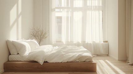 A minimalist Scandinavian bedroom featuring a platform bed, crisp white bedding, and a large window with sheer curtains