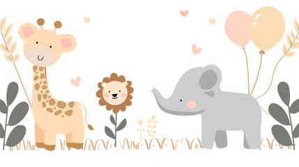 A children's illustration with cute African animals and vegetation, a place for text.