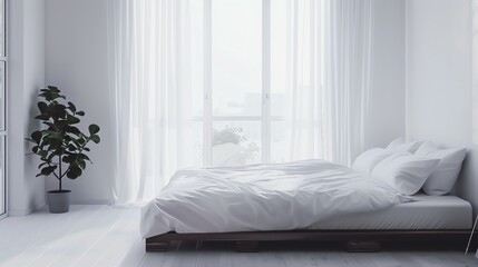 A minimalist Scandinavian bedroom featuring a platform bed, crisp white bedding, and a large window with sheer curtains