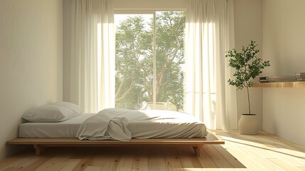 A minimalist Scandinavian bedroom featuring a platform bed, crisp white bedding, and a large window with sheer curtains