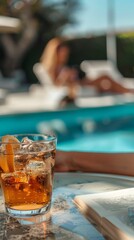 A close-up shot captures a refreshing cocktail on a table, with a woman leisurely reading a book in the background pool
