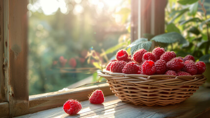 Basket of fresh raspberries on a wooden windowsill in sunlight