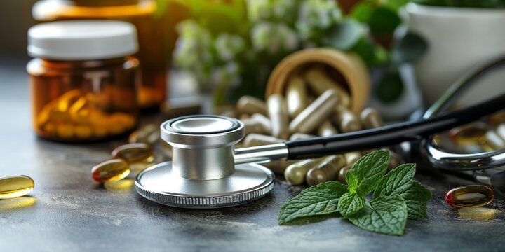 Medical supplements beside a stethoscope suggest a blend of traditional and alternative medicine practices