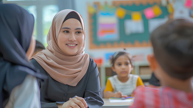 The teacher is a woman in a hijab. Ready for the academic year as a teacher or librarian.