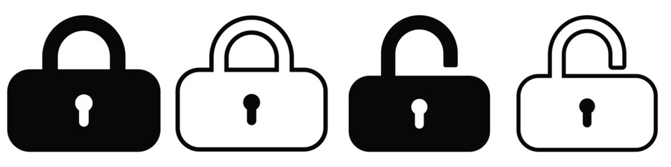 Lock icon collection. Locked and unlocked black line icon set. Vector illustration. Flat security symbol. white background. Set of Silhouette of locked and unlocked padlock.
