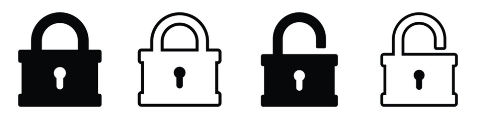 Lock icon collection. Locked and unlocked black line icon set. Vector illustration. Flat security symbol. white background. Set of Silhouette of locked and unlocked padlock.

