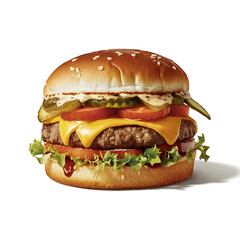 Fresh Hamburger with Beef and Cheese, Perfectly Captured on a White Background.
