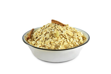  rolled oats flakes isolated for breakfast in bowl with cinnamon, cutout in transparent background,png format