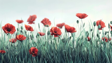 Obraz premium Red poppies in a green wheat field. Poppy plants. hyper realistic 