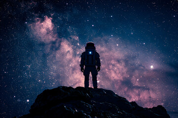 Astronaut's silhouette is strikingly outlined against the luminous blue hues and the glittering stars of the expansive night sky.
