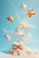 Starfish and shells levitation in air over sand with sparkling particles against blue background