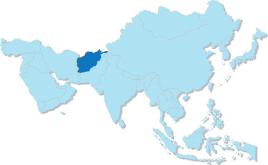 Highlighted blue map of AFGHANISTAN inside light blue 3D blank political map of Asia orthographic projection on transparent background, without Russia