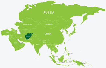 Highlighted green map of AFGHANISTAN inside light green political map of Asia using orthographic projection on light blue background