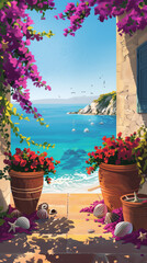 Colorful seaside view through stone archway framed by blooming flowers