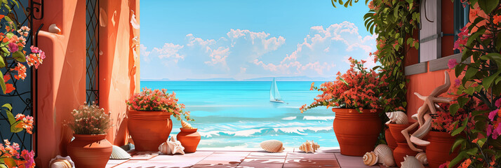 Open terrace overlooking calm sea with sailboat, surrounded by vibrant flowers and potted plants banner. Panoramic web header. Wide screen wallpaper