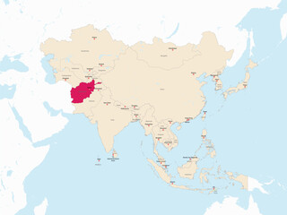 Highlighted red map of AFGHANISTAN inside light red detailed political map of Asia using orthographic projection on white and blue background