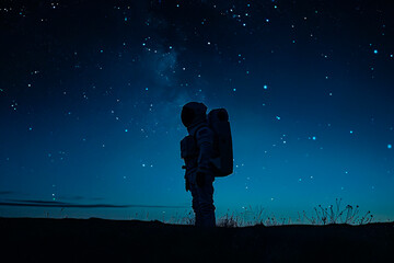 Cosmonaut's dark outline stands out against the vibrant blues and twinkling stars of the vast night sky above.