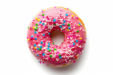 a pink donut with sprinkles and colored dots