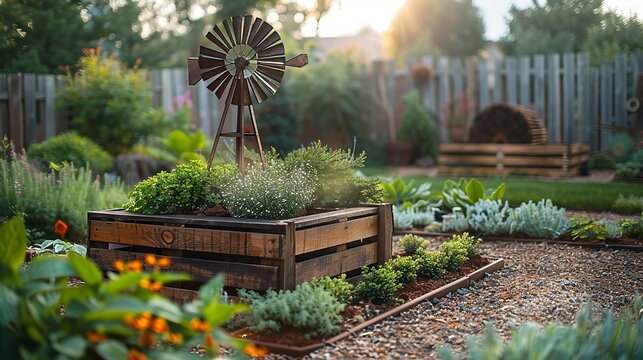 Rustic windmill garden boxes crafted from pallets.