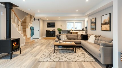 A Scandinavian basement remodel featuring a lounge area with a sectional sofa, a wood stove, and neutral colors