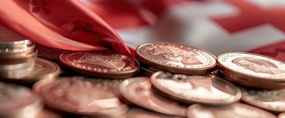 The Switzerland Flag Is Depicted Alongside Coins, Representing Finance And Banking Concepts,High Resolution