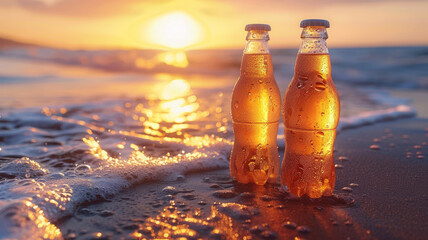 Two soda bottles on a beach with waves at sunset.