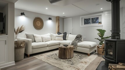 A Scandinavian basement remodel featuring a lounge area with a sectional sofa, a wood stove, and neutral colors