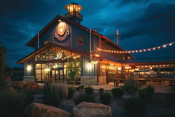 Inviting Nighttime Scene at a Community Brewery with Glowing Lights