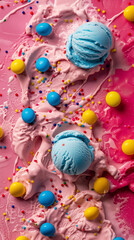 Top view of colorful ice cream scoops with sprinkles and candy on pink background