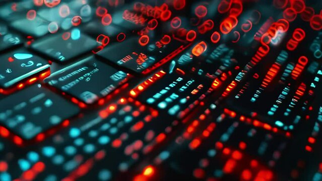 Computer keyboard illuminated numeric code, black and red colors. programming, Internet systems, coding.