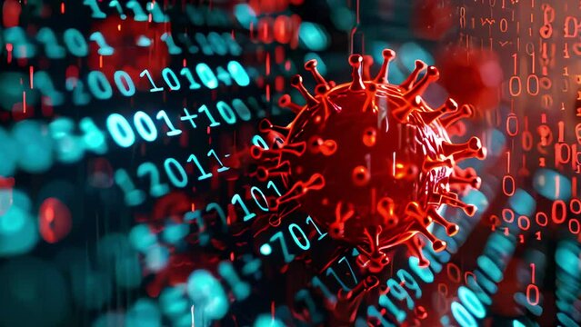 A menacing red-colored computer virus that infiltrates the binary program code consisting of zeros and ones, disrupting digital systems and compromising data security