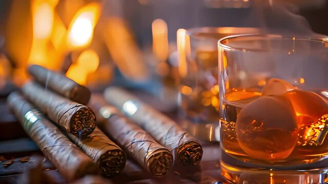 Cigars and whiskey glasses on the table in close-up, capturing the essence of a refined men's gathering, characterized by conviviality and relaxation