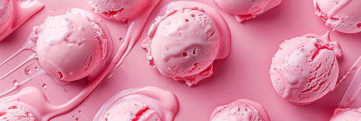 Pink bubble gum flavored ice cream scoops on pink background banner. Panoramic web header. Wide screen wallpaper