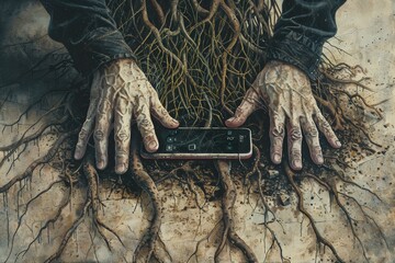 Deep-Rooted Addiction to Social Media Depicted Through Surreal Hands with Roots and Smartphone Artwork