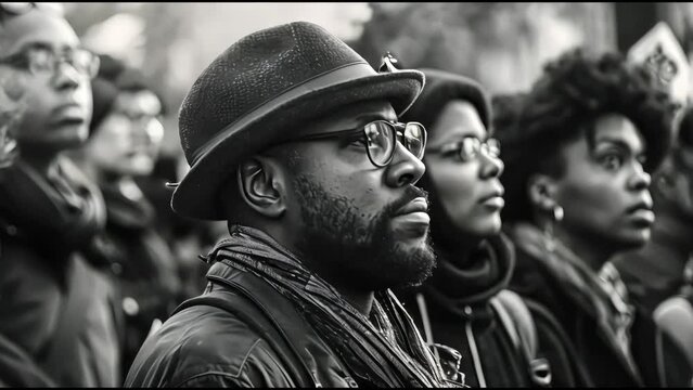 Activists hold peaceful demonstrations advocating for social change, emphasizing civic engagement and fighting for justice. black and white tones.