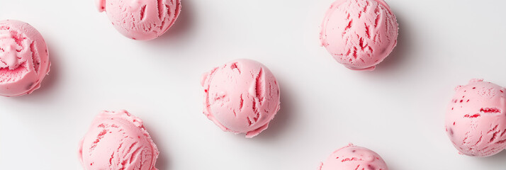 Bubble gum flavored ice cream scoops on white background banner. Panoramic web header. Wide screen wallpaper