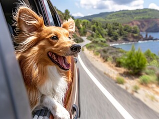 A collie dog leaned out of the car window. AI created.