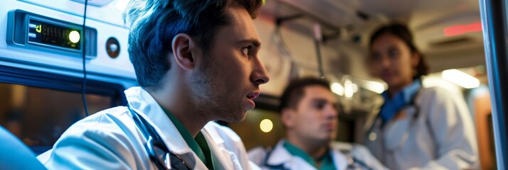 A young male doctor appears concerned and focused in a high-pressure situation inside an ambulance