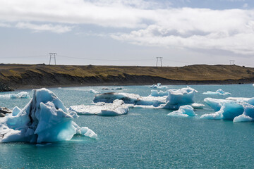 a stunning panoramic view over the unique breathtaking and iconic Jökulsárlón lagoon lake in...