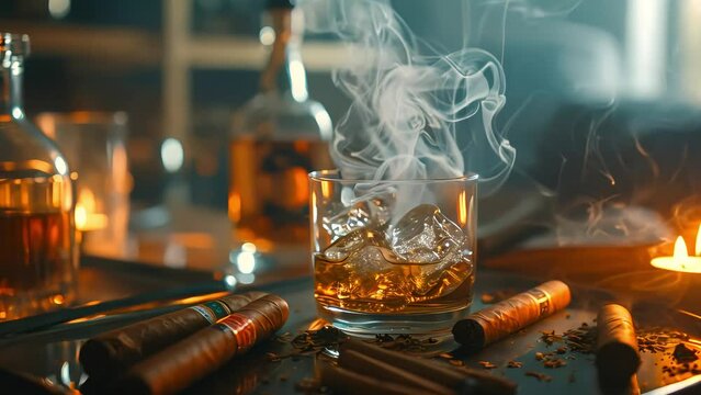 Cigars and whiskey glasses on the table in close-up, capturing the essence of a refined men's gathering, characterized by conviviality and relaxation