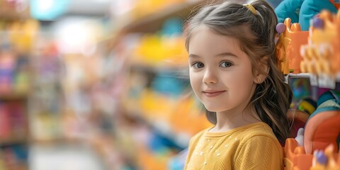 Fototapeta premium Excited girl surrounded by shelves filled with dreams in toy store. Concept Portrait Photography, Toy Store Setting, Excited Expression, Dreamy Aesthetic, Shelf Background