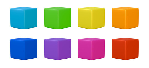 Abstract color square shape blocks. Render 3d cubes, plastic boxes isolated on white background. Icons of rainbow colored 3d cubes, render set