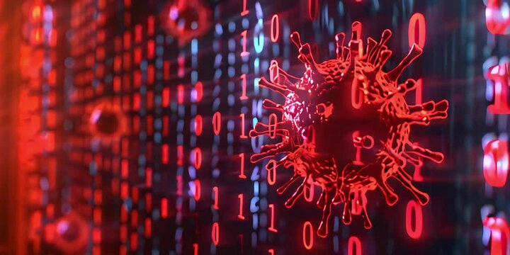 A menacing red-colored computer virus that infiltrates the binary program code consisting of zeros and ones, disrupting digital systems and compromising data security