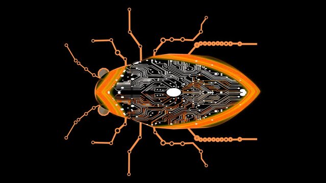 Futuristic digital orange Bug wiggle and mirco processer circuit on the black screen